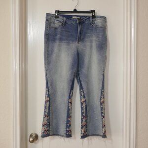 John Mark Jeans Sz 16 Floral Embroidered Cropped Raw Hem Boho Retro Hippie